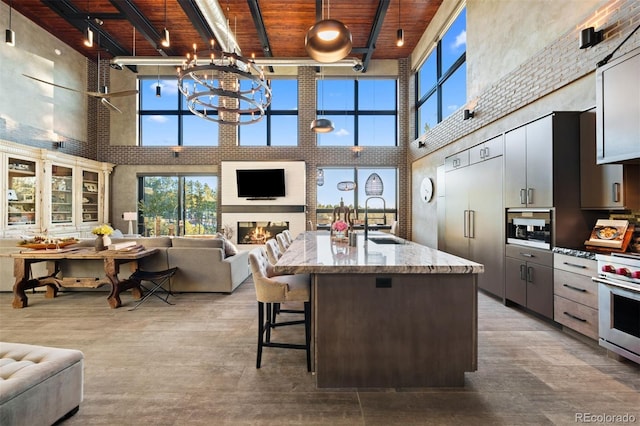 kitchen featuring premium appliances, a kitchen island with sink, a large fireplace, a sink, and open floor plan