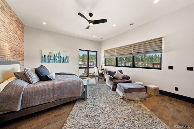 bedroom with hardwood / wood-style flooring, baseboards, a ceiling fan, and recessed lighting