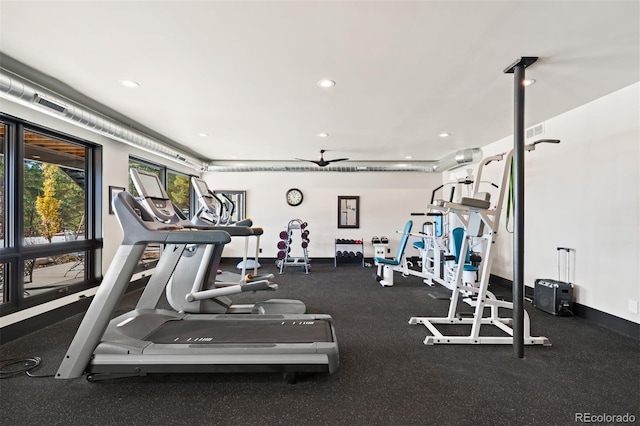 gym featuring recessed lighting, visible vents, and baseboards