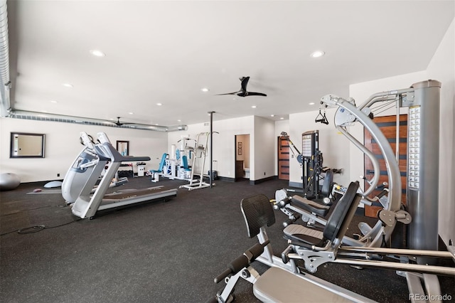 workout area with ceiling fan and recessed lighting