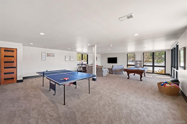 recreation room featuring pool table, carpet flooring, visible vents, and recessed lighting