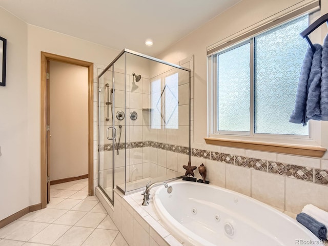 full bathroom featuring a shower stall, a tub with jets, tile patterned flooring, plenty of natural light, and recessed lighting