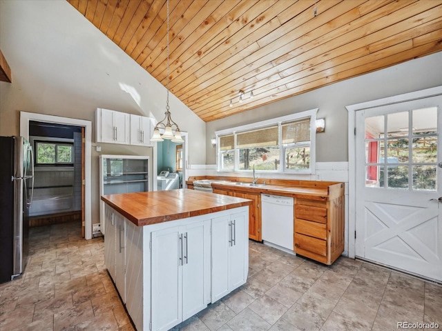 366 Houston St, Bailey, CO 80421 - kitchen with butcher block countertops, white dishwasher, freestanding refrigerator, wooden ceiling, and white cabinetry