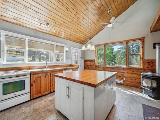 366 Houston St, Bailey, CO 80421 - kitchen featuring wooden counters, a sink, white appliances, a wood stove, and wooden ceiling