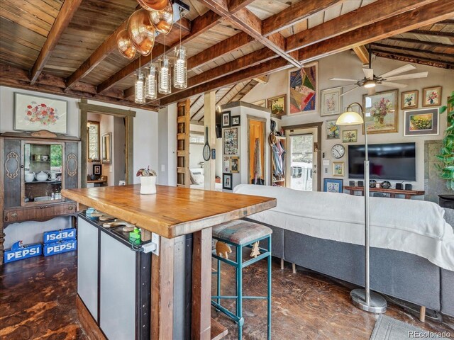 366 Houston St, Bailey, CO 80421 - kitchen with butcher block countertops, wood ceiling, a ceiling fan, open floor plan, and pendant lighting