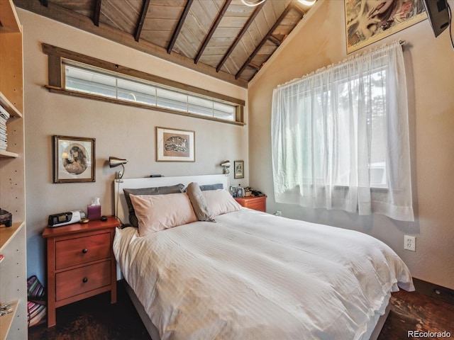 366 Houston St, Bailey, CO 80421 - bedroom featuring high vaulted ceiling, wooden ceiling, and beamed ceiling