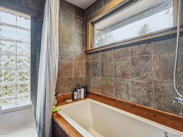 366 Houston St, Bailey, CO 80421 - bathroom with a bath, toilet, and tile walls