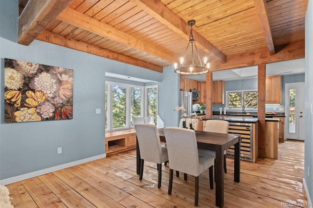 dining room with plenty of natural light, wooden ceiling, and light wood-type flooring