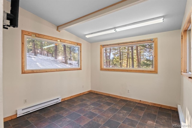 empty room featuring vaulted ceiling with beams and a baseboard radiator