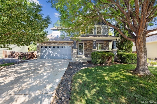 14625 Vine St, Thornton, CO 80602 - view of front facade featuring concrete driveway, a front yard, stone siding, and covered porch