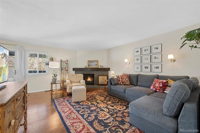 living area with a fireplace, wood finished floors, and baseboards