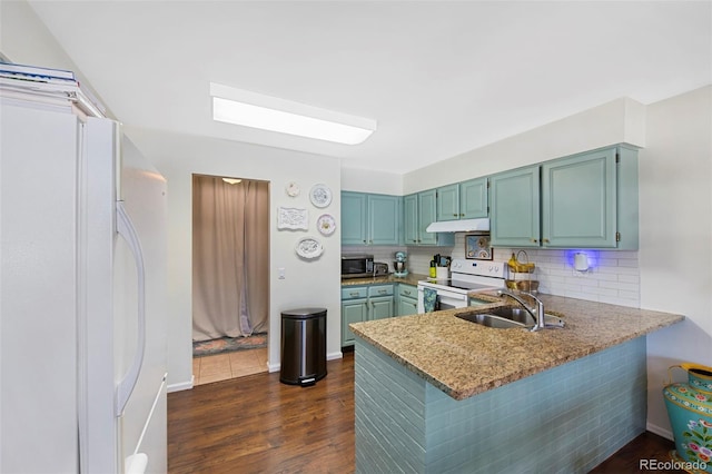 kitchen featuring dark wood-style flooring, decorative backsplash, a sink, white appliances, and a peninsula