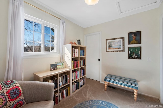 sitting room featuring carpet and attic access