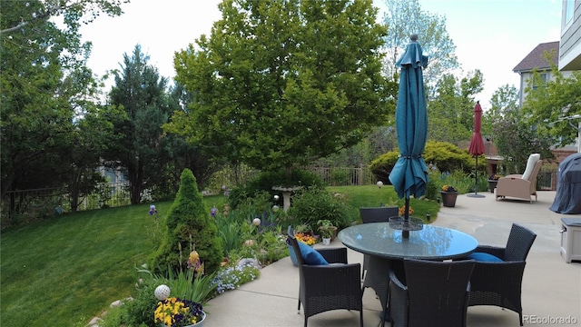 22386 E Arbor Pl, Aurora, CO 80016 - fenced backyard featuring a patio and outdoor dining space