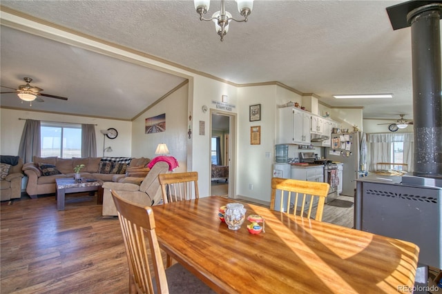 dining room with ceiling fan with notable chandelier, wood finished floors, and a wood stove