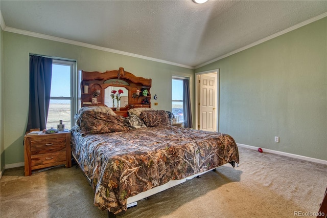 carpeted bedroom with ornamental molding, baseboards, and a textured ceiling