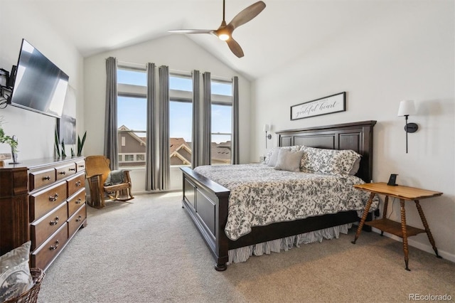 18926 W 94th Ave, Arvada, CO 80007 - bedroom with vaulted ceiling, light carpet, and a ceiling fan