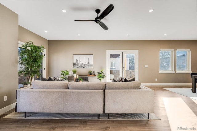 living room with hardwood / wood-style flooring and ceiling fan