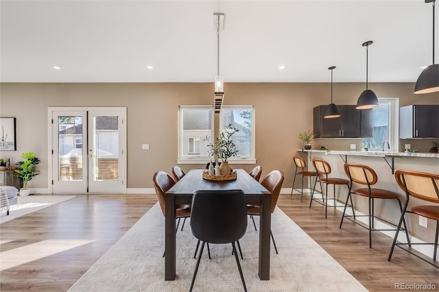 dining area featuring light hardwood / wood-style floors and french doors