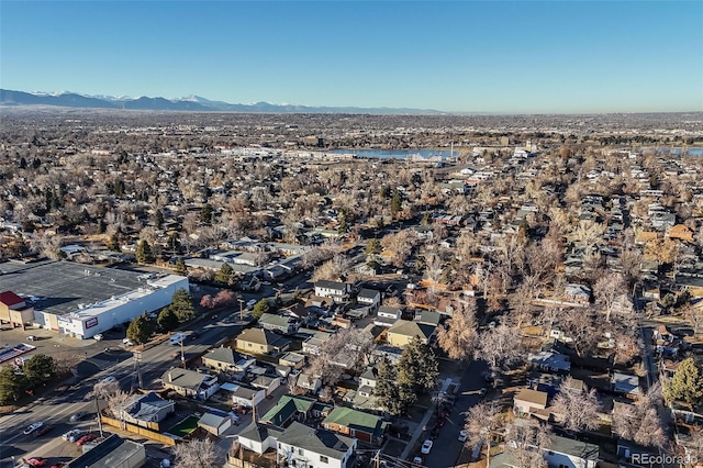 drone / aerial view featuring a mountain view