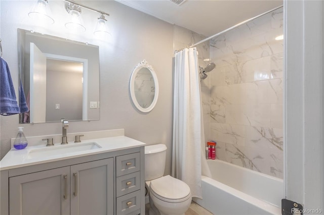 full bathroom with shower / tub combo, vanity, and toilet