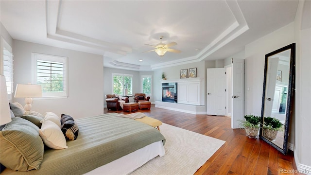 bedroom featuring a raised ceiling, dark hardwood / wood-style floors, and ceiling fan