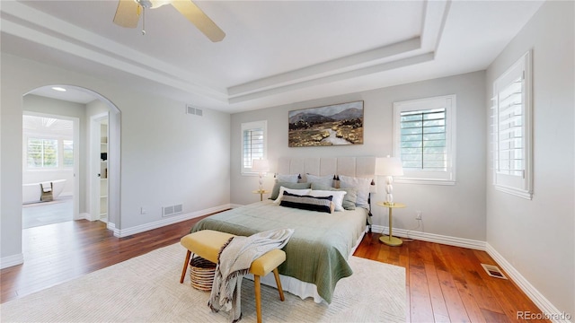 bedroom with hardwood / wood-style flooring, ceiling fan, a tray ceiling, and multiple windows