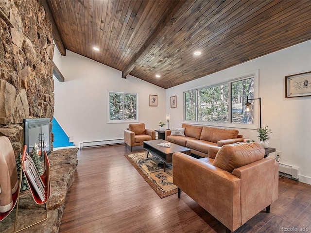 living area with a healthy amount of sunlight, wood ceiling, and a baseboard heating unit