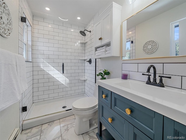 bathroom featuring a healthy amount of sunlight, a baseboard radiator, a shower stall, toilet, and marble finish floor