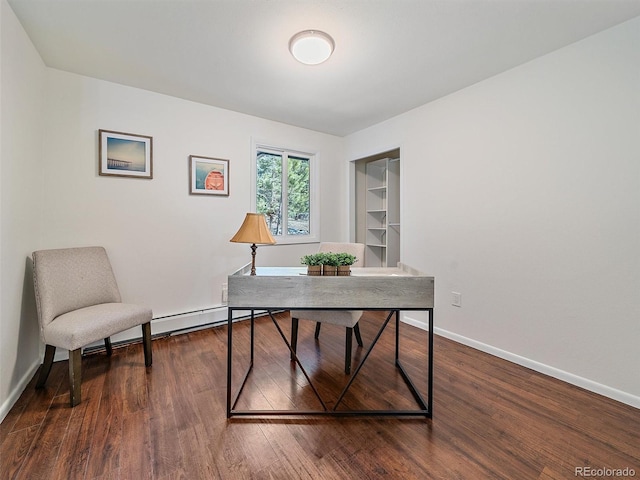 office area with baseboards and dark wood-style floors