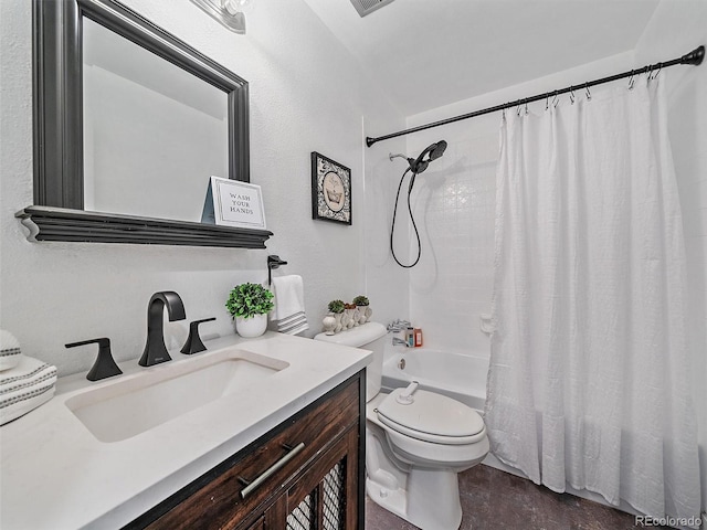 bathroom with shower / bathtub combination with curtain, toilet, and vanity