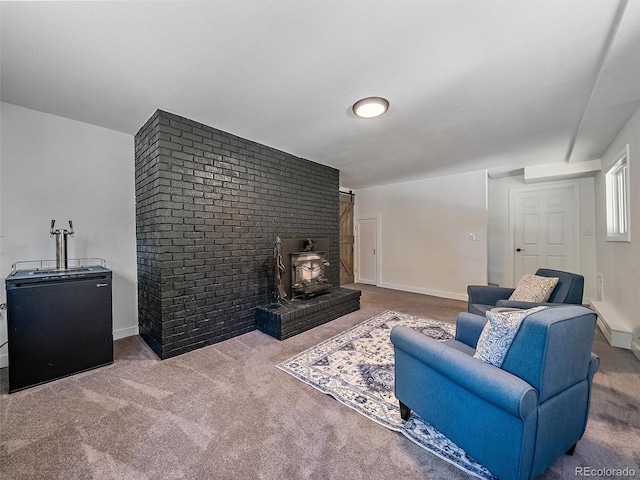 living area with baseboards, a wood stove, and carpet