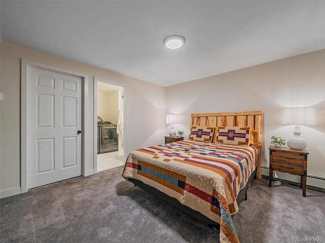 bedroom featuring a baseboard heating unit and carpet flooring