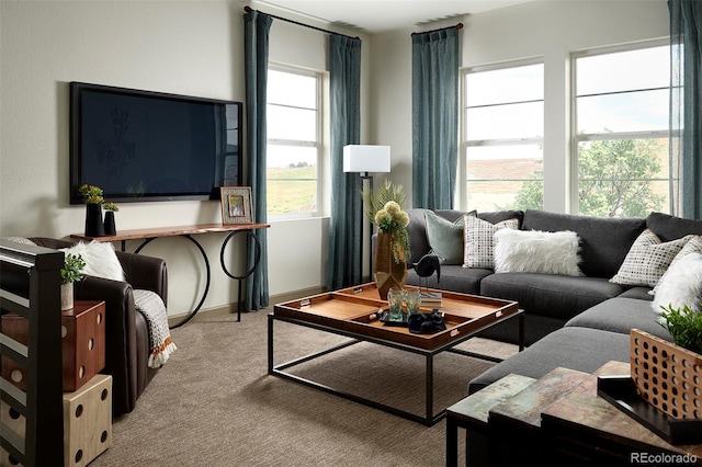 living room with light colored carpet