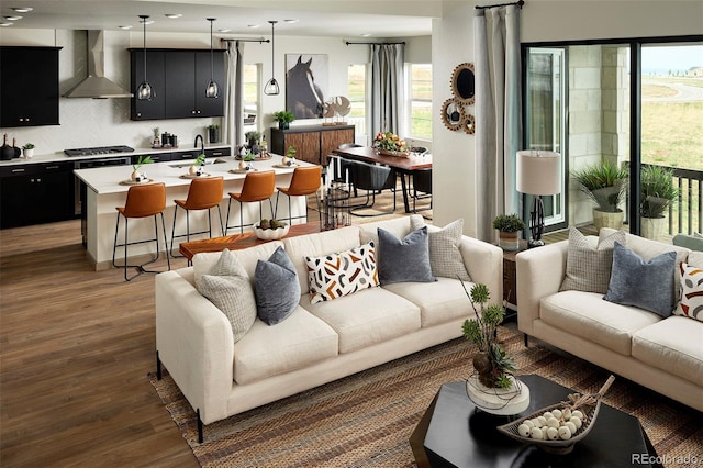 living room with sink and dark hardwood / wood-style floors