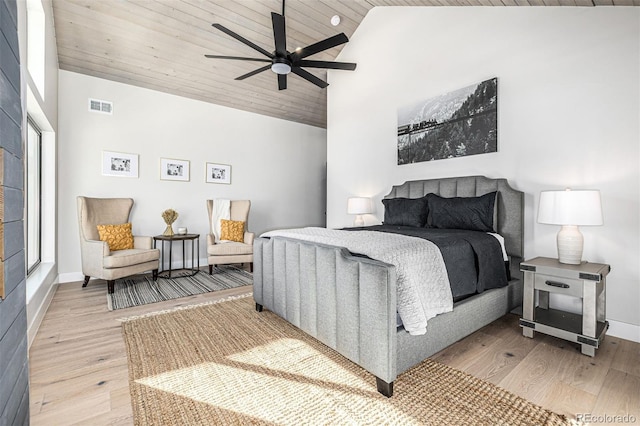 bedroom with ceiling fan, wood ceiling, baseboards, visible vents, and light wood-style floors