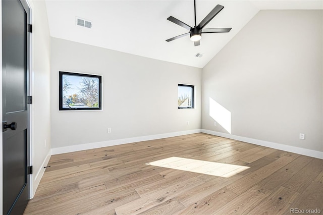 empty room featuring light wood-type flooring, visible vents, ceiling fan, and baseboards