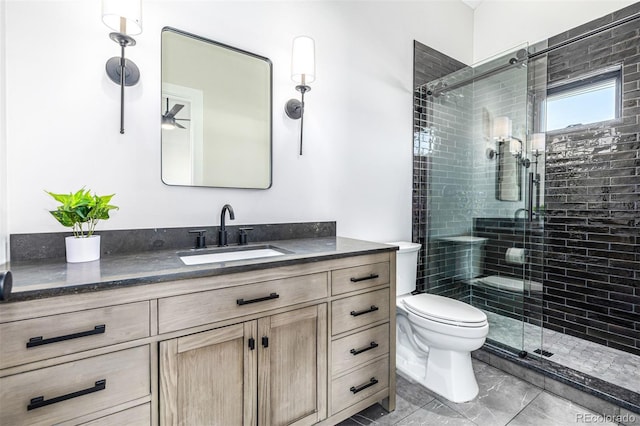 full bathroom featuring vanity, toilet, and a shower stall