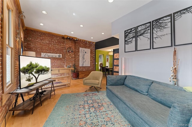 3313 Curtis St, Denver, CO 80205 - living area featuring brick wall, recessed lighting, and light wood-type flooring
