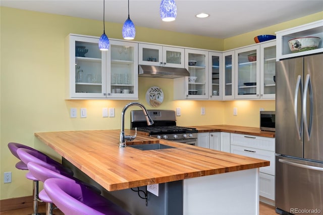 3313 Curtis St, Denver, CO 80205 - kitchen featuring stainless steel appliances, wood counters, under cabinet range hood, a breakfast bar, and a peninsula
