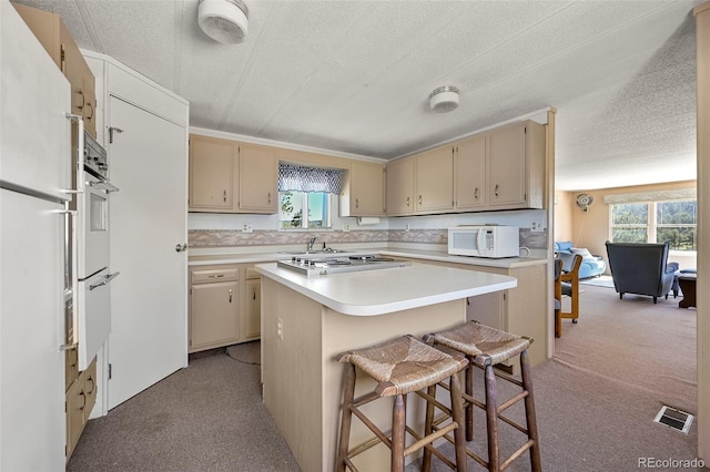332 Valley Cir, Guffey, CO 80820 - kitchen featuring light colored carpet, white microwave, stovetop, cream cabinets, and a textured ceiling