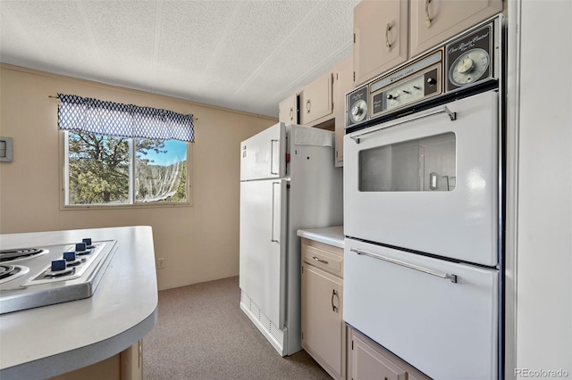 332 Valley Cir, Guffey, CO 80820 - kitchen with white appliances, a warming drawer, a textured ceiling, light countertops, and light colored carpet