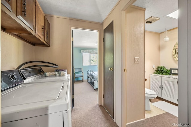 332 Valley Cir, Guffey, CO 80820 - laundry area with washer and clothes dryer, cabinet space, and light carpet