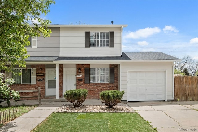 13438 E 13th Pl, Aurora, CO 80011 - traditional-style house featuring fence, an attached garage, brick siding, a porch, and concrete driveway
