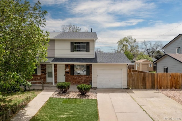 13438 E 13th Pl, Aurora, CO 80011 - traditional-style home with fence, roof with shingles, brick siding, a garage, and driveway