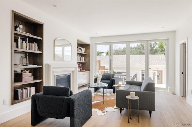 4131 Quivas St, Denver, CO 80211 - living area with a glass covered fireplace, healthy amount of natural light, light wood-type flooring, and built in features