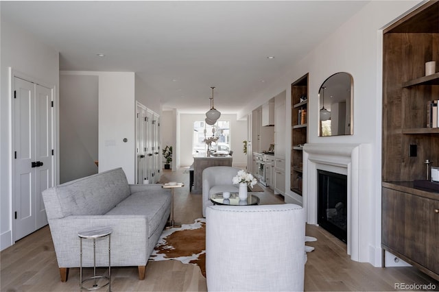 4131 Quivas St, Denver, CO 80211 - living area featuring a glass covered fireplace, light wood-type flooring, built in shelves, and recessed lighting