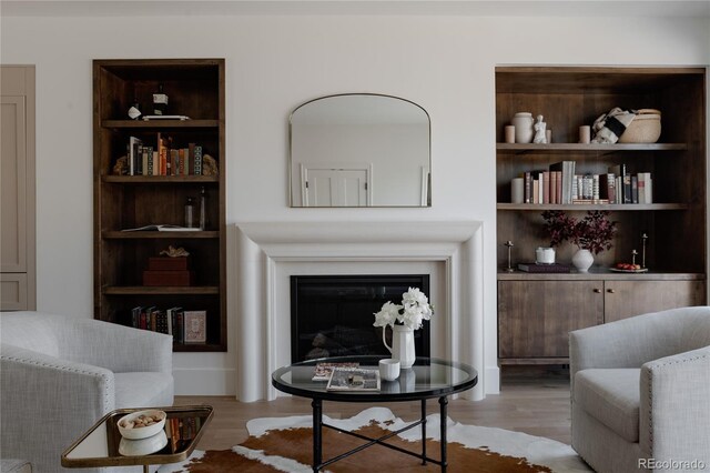 4131 Quivas St, Denver, CO 80211 - living room with a fireplace, light wood-style floors, and built in shelves