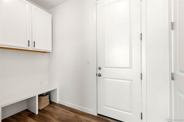 clothes washing area with cabinets and dark hardwood / wood-style flooring