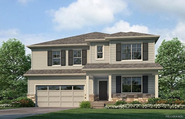 view of front of house with stone siding, roof with shingles, driveway, and an attached garage